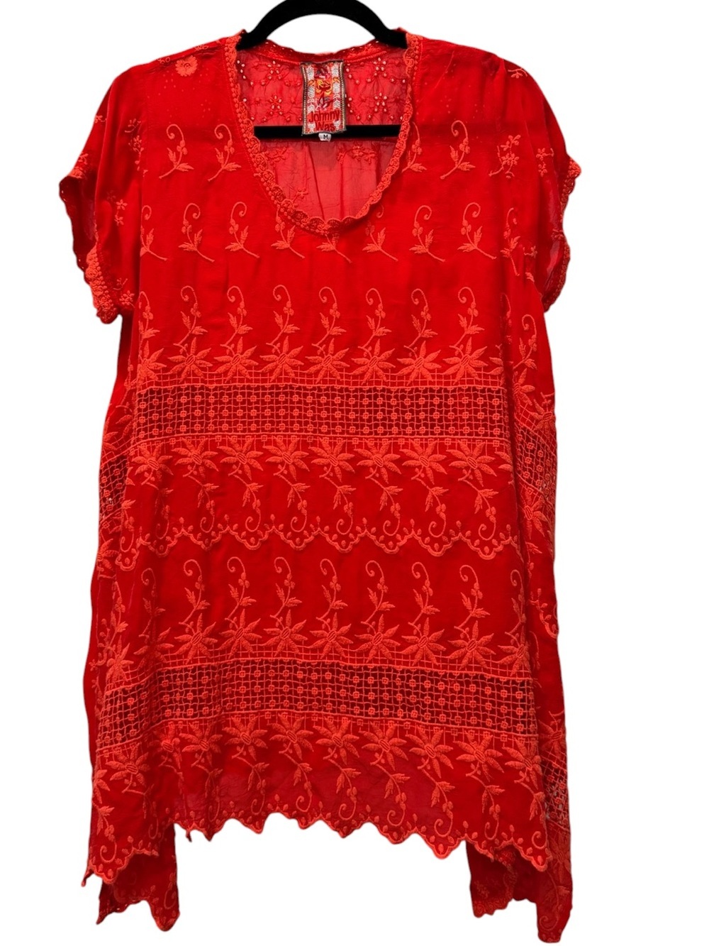 Johnny Was Orange Embroidered Cupra Rayon Handkerchief Hem Tunic Top Sz M
